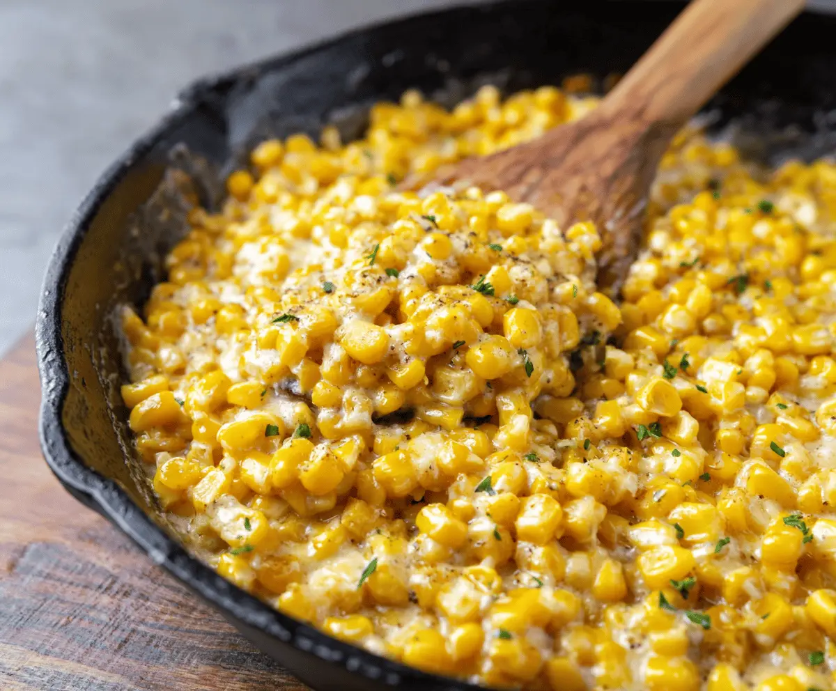 Delicious Honey Butter Skillet Corn topped with golden honey and creamy butter in a rustic skillet.