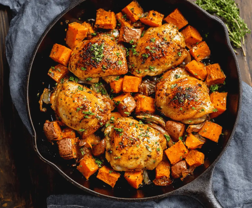 Savory honey garlic chicken served with roasted sweet potatoes on a plate.