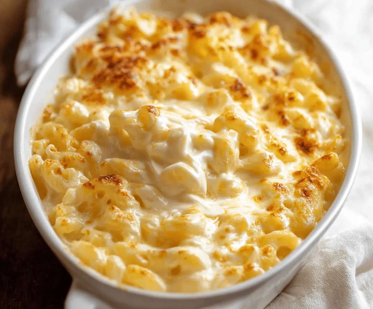 Delicious Joanna Gaines creamy mac and cheese made with cream cheese and topped with melted cheese.