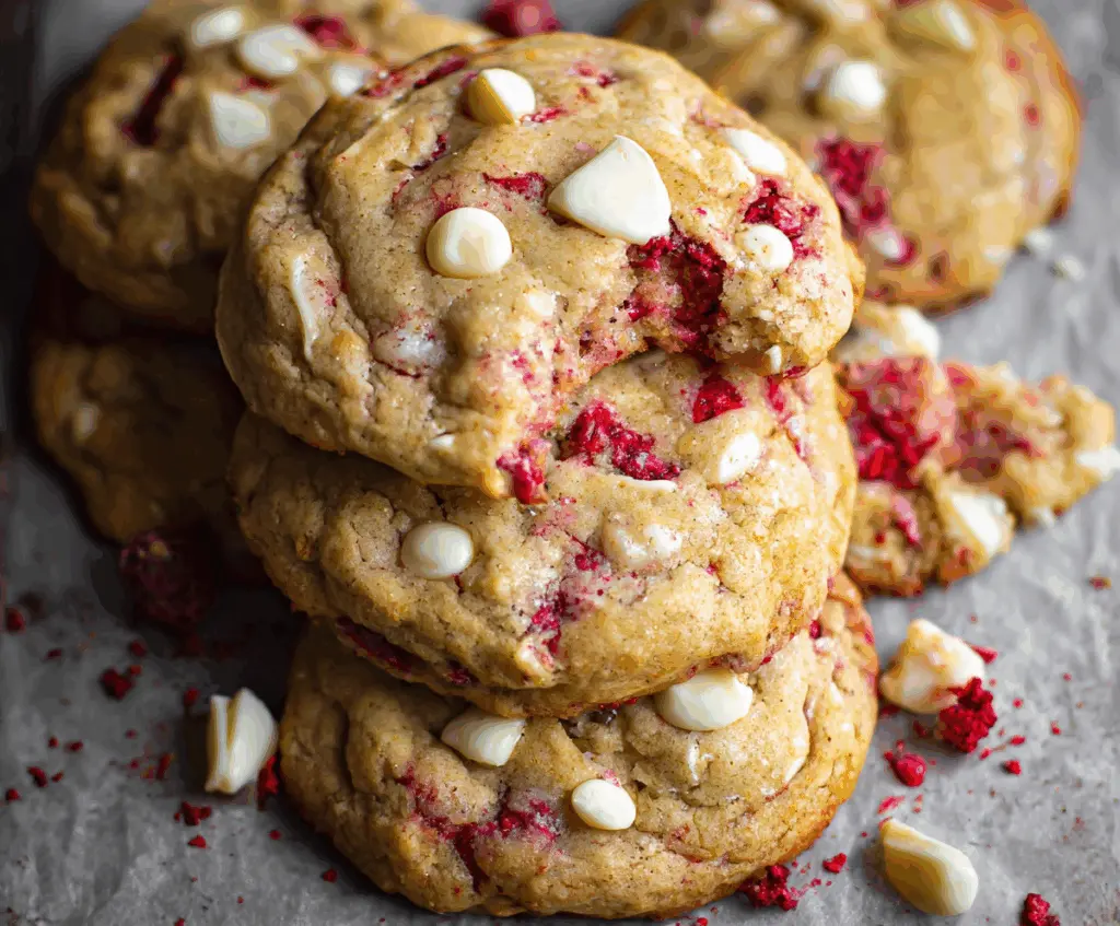 Delicious Jumbo Raspberry White Chocolate Cookies shown on a plate with fresh raspberries and white chocolate chunks.