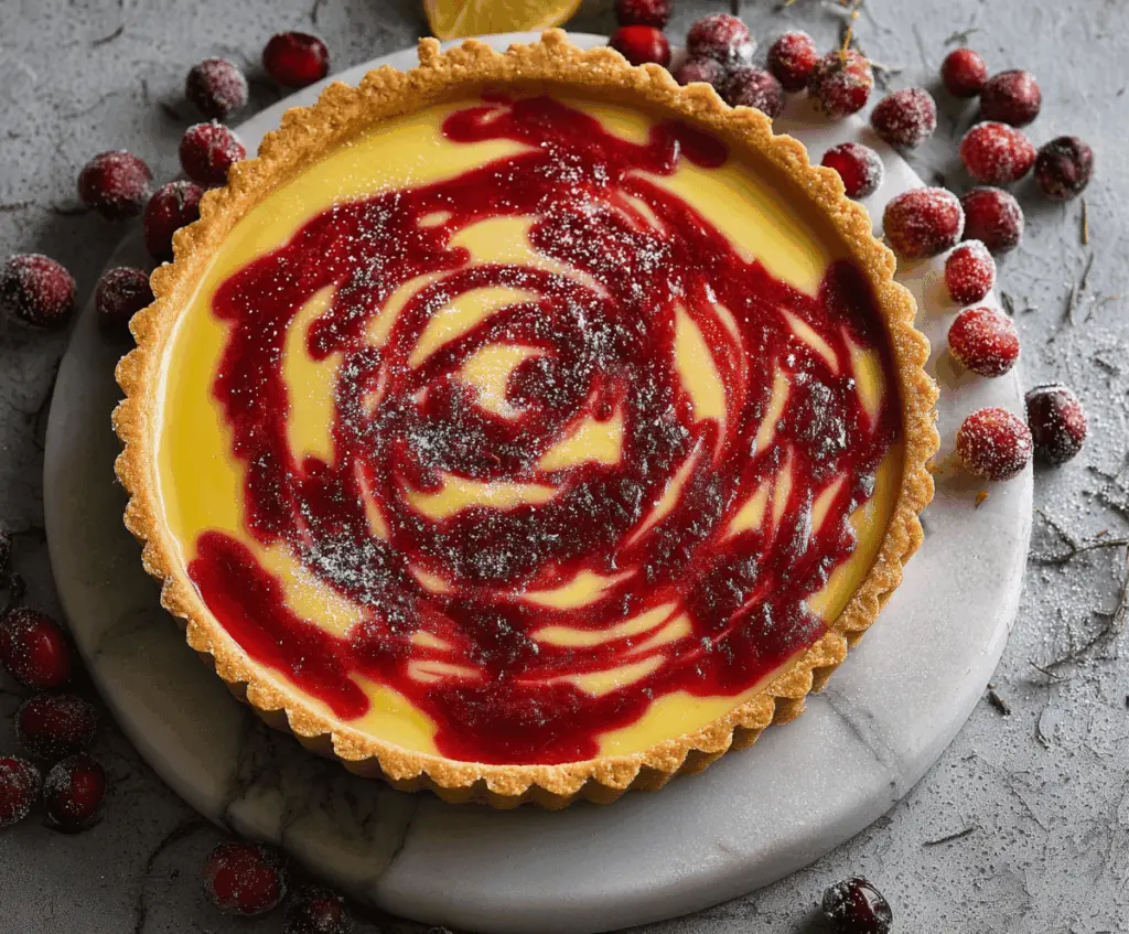 Delicious Lemon Cranberry Tart garnished with fresh cranberries and lemon zest, perfect for holiday desserts.