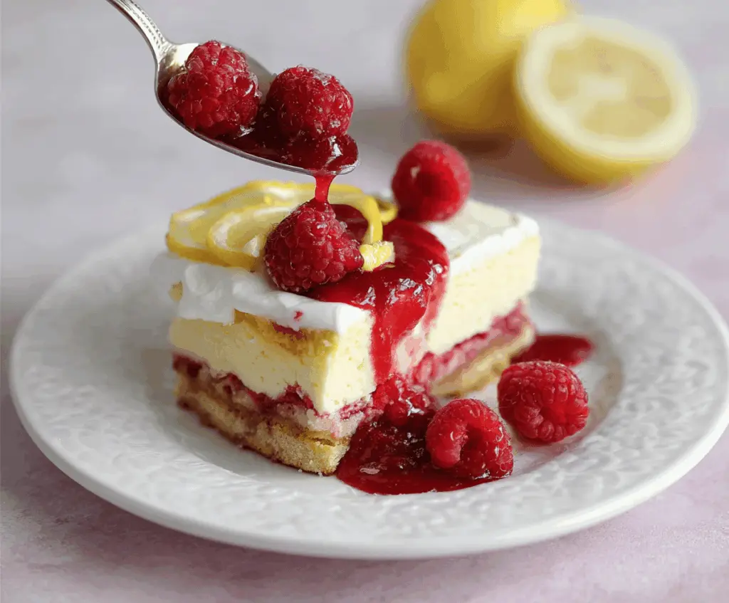 Delicious lemon raspberry cheesecake with fresh berries and creamy texture