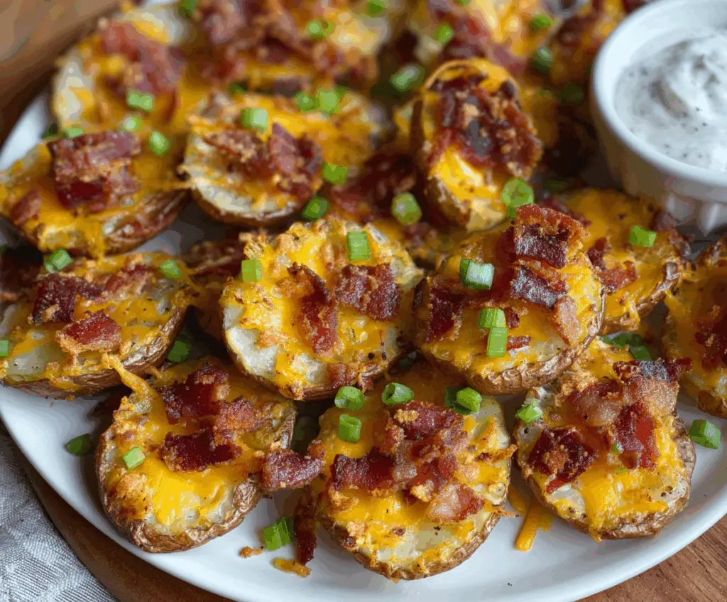 Delicious loaded mini potato bites topped with cheese, bacon, and green onions, perfect for snacks or parties.