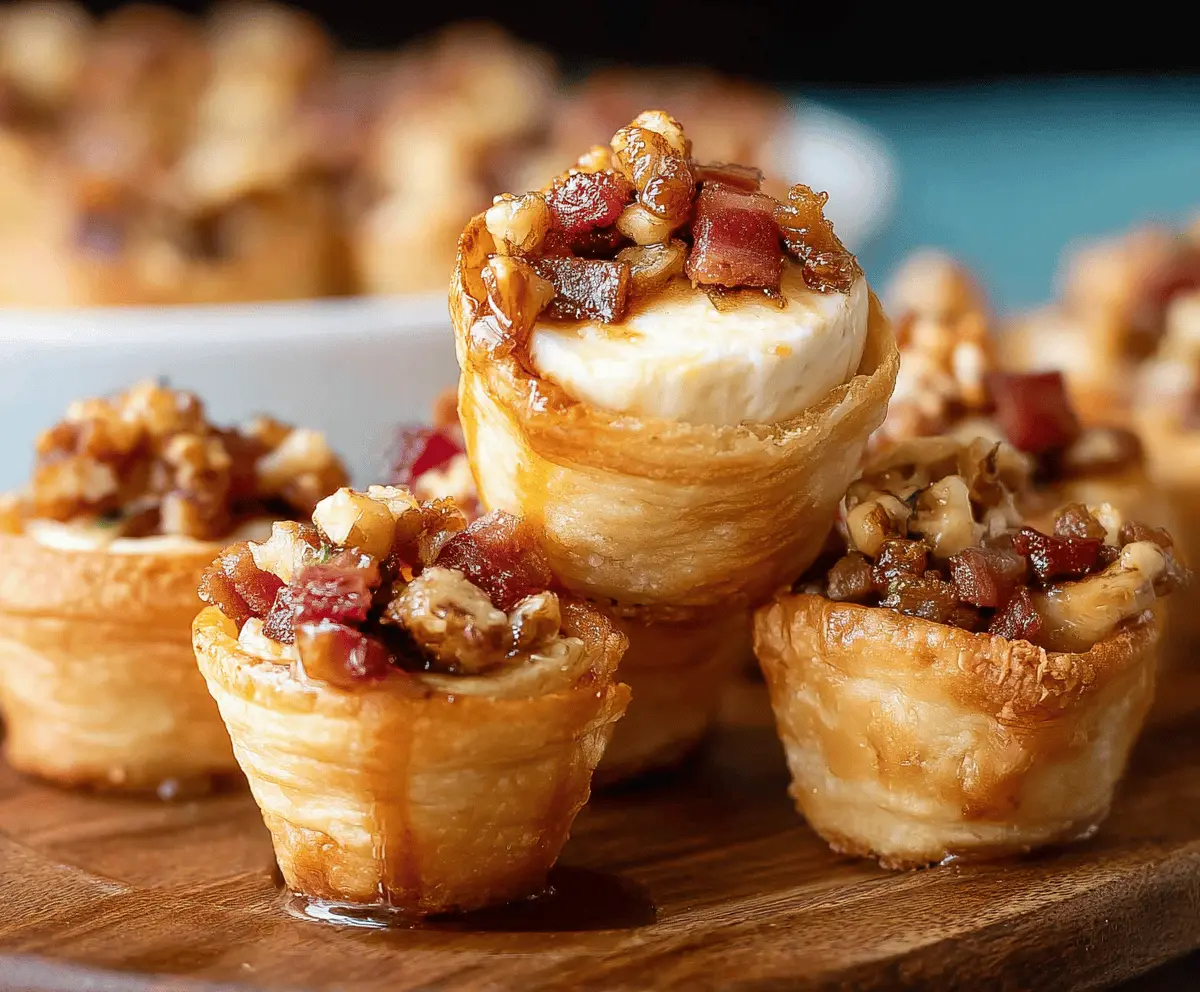 Delicious Maple Bacon Brie Bites on a serving platter, topped with crispy bacon and drizzled with maple syrup.