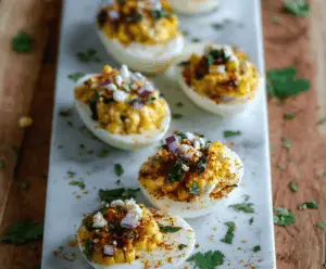 Delicious Mexican Street Corn Deviled Eggs garnished with cilantro and chili powder, perfect for snacking.