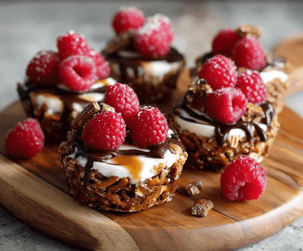 Delicious no-bake raspberry pretzel cups topped with fresh raspberries and creamy filling