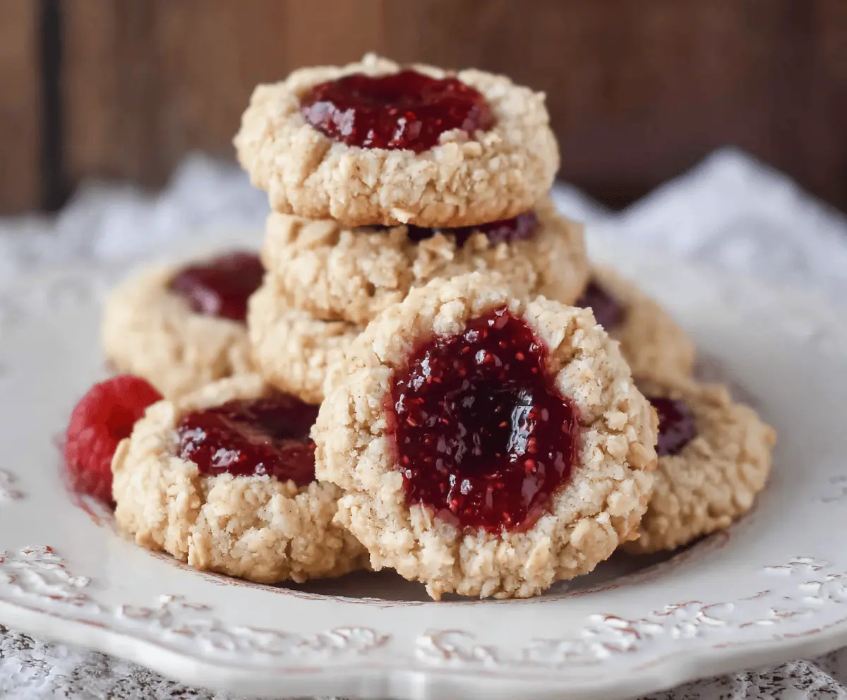Delicious oatmeal raspberry jam thumbprint cookies on a plate, showcasing golden-brown edges and vibrant raspberry filling.