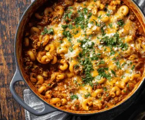 Delicious one-pot chili mac and cheese served in a bowl, showcasing a creamy, cheesy pasta with chili toppings.