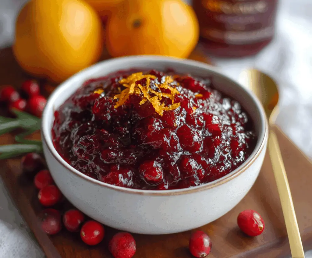 Vibrant orange and cranberry sauce with a hint of amaretto in a glass bowl for festive occasions