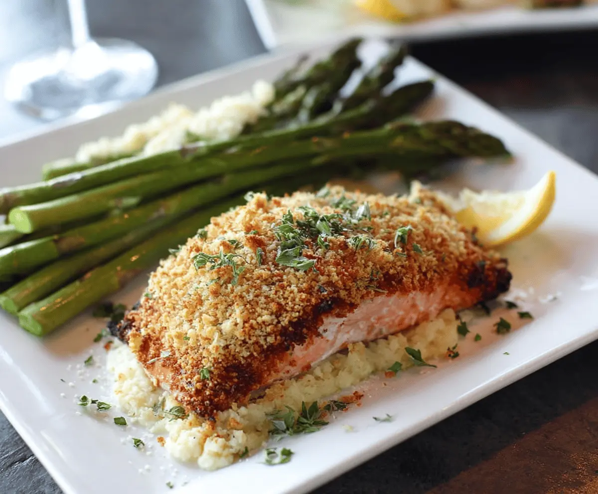 Delicious Parmesan crusted salmon fillet topped with golden, crispy cheese coating