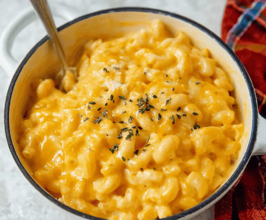 Creamy Paula Deen's Mac and Cheese served in a baking dish, topped with golden melted cheese.