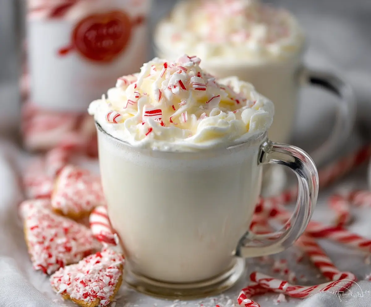 Creamy peppermint white hot chocolate topped with whipped cream and crushed peppermint candies.
