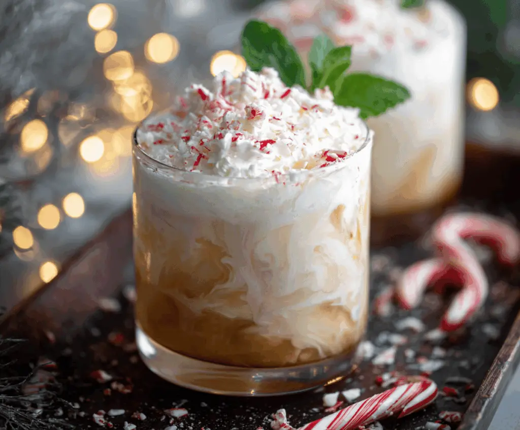Delicious Peppermint White Russian cocktail in a glass garnished with mint and peppermint candy.