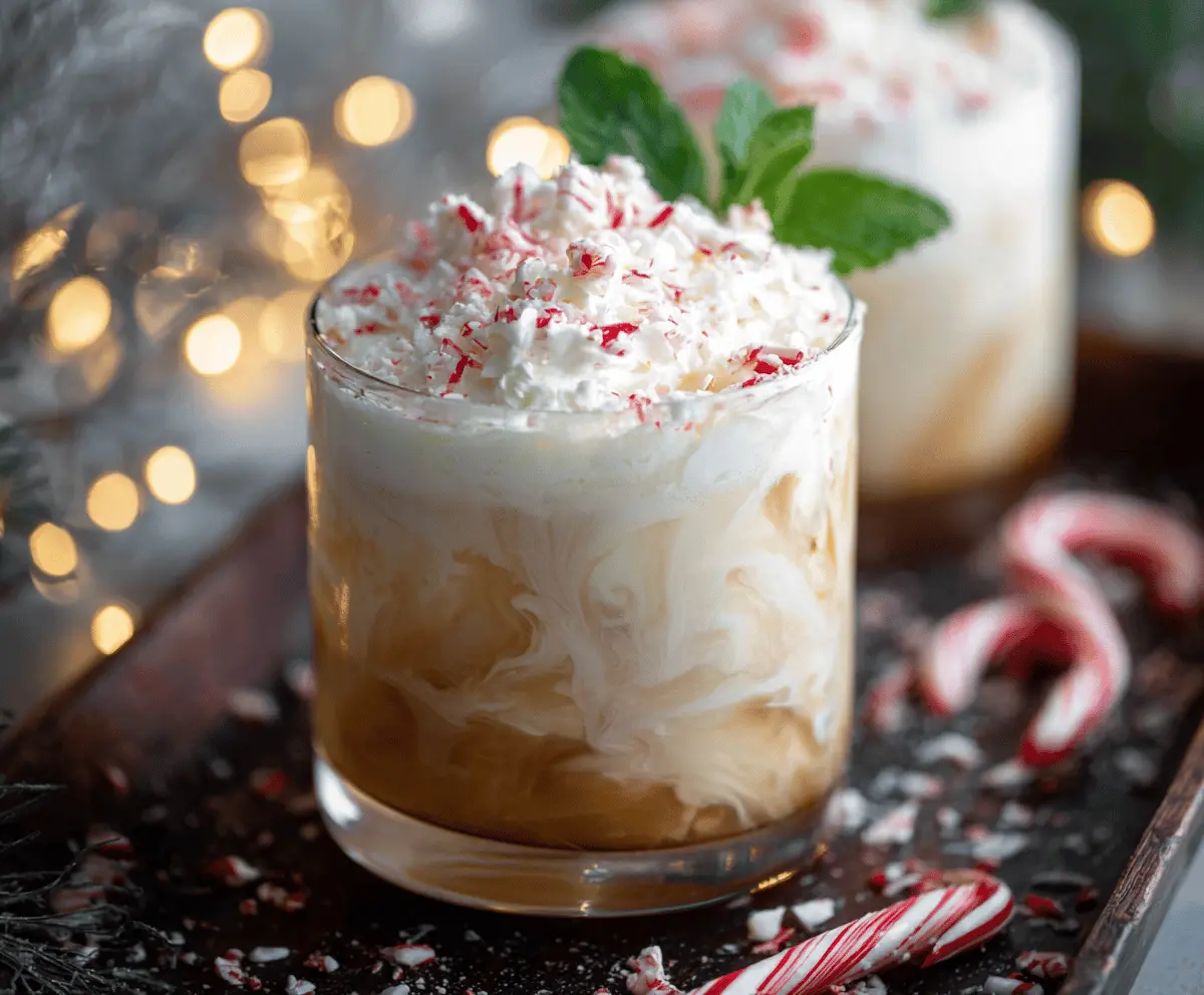Delicious Peppermint White Russian cocktail in a glass garnished with mint and peppermint candy.