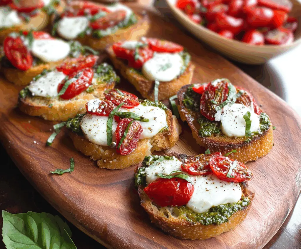 Delicious Pesto Tomato Mozzarella Crostini on a wooden serving platter, garnished with fresh basil.
