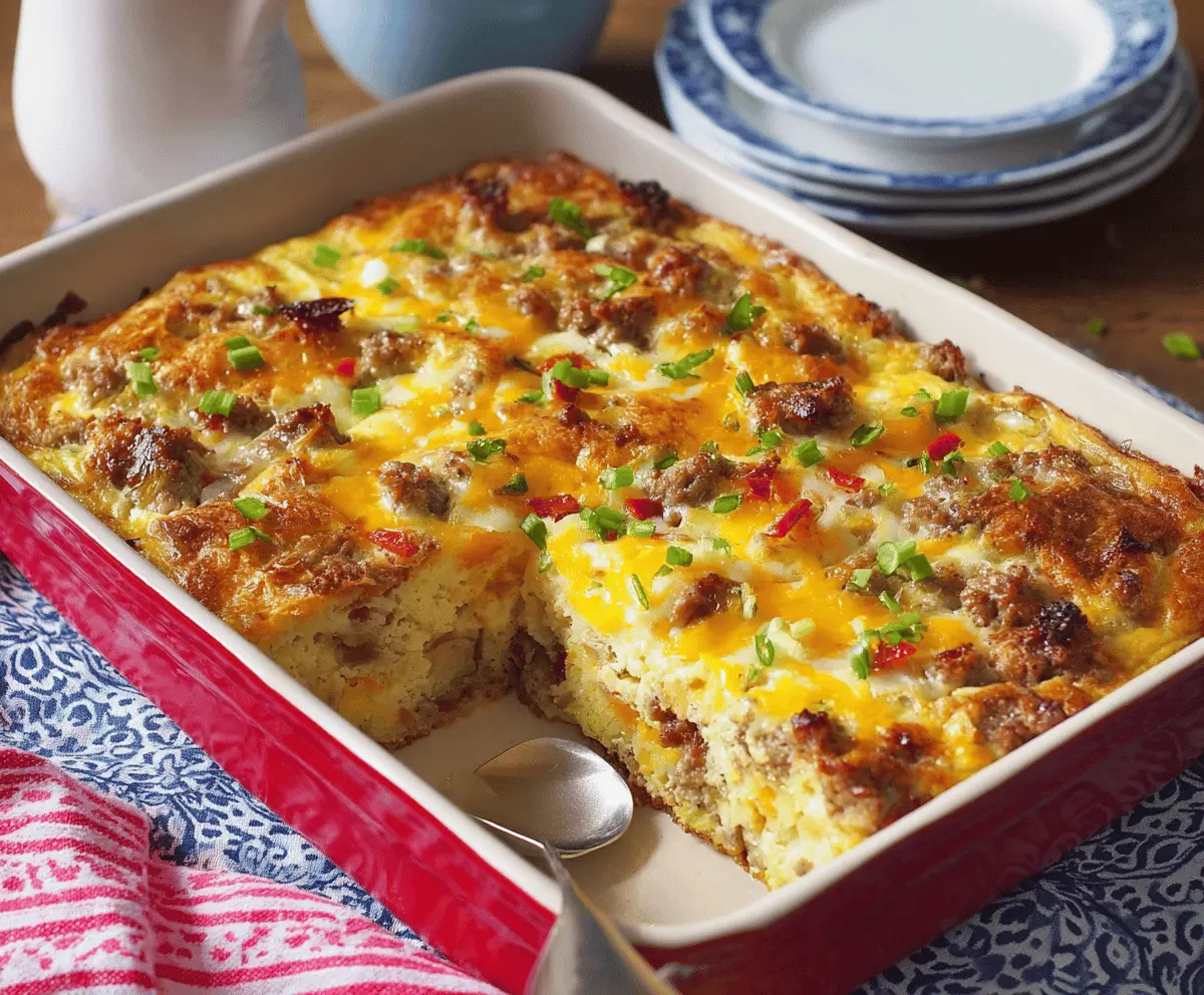 Delicious Pioneer Woman Sausage Breakfast Casserole with eggs, cheese, and savory sausage.