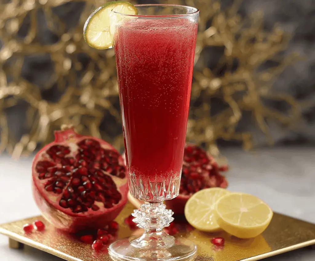 Refreshing Pomegranate Ginger Sparkler served in a clear glass with fresh pomegranate seeds and ginger slices.