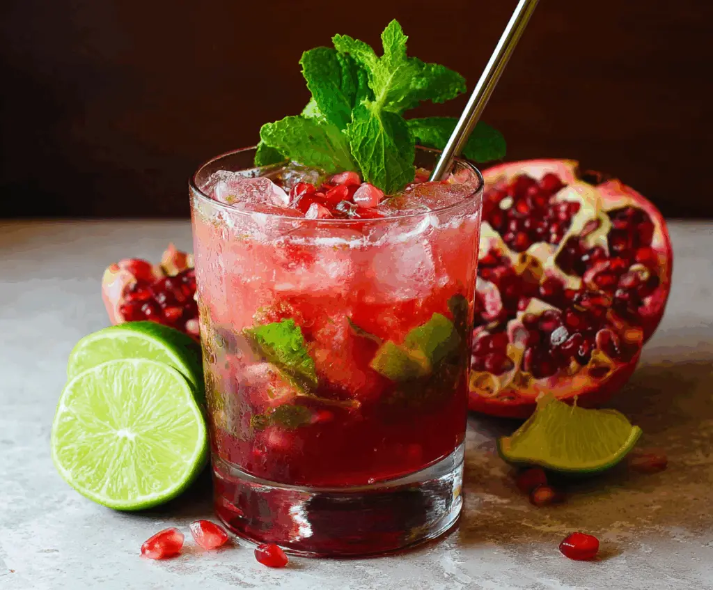 Refreshing Pomegranate Mojito cocktail garnished with mint leaves and lime, perfect for summer sipping.