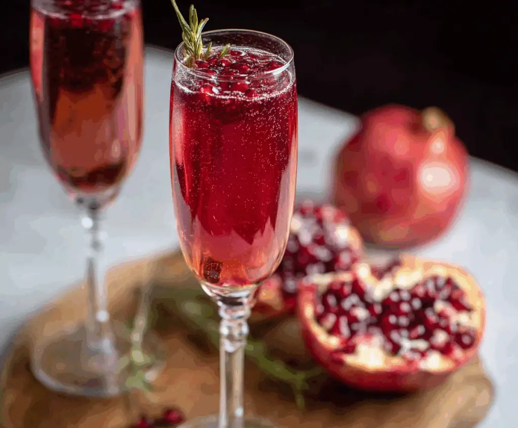 Refreshing Pomegranate Prosecco Cocktail in a elegant glass garnished with pomegranate seeds and mint leaves
