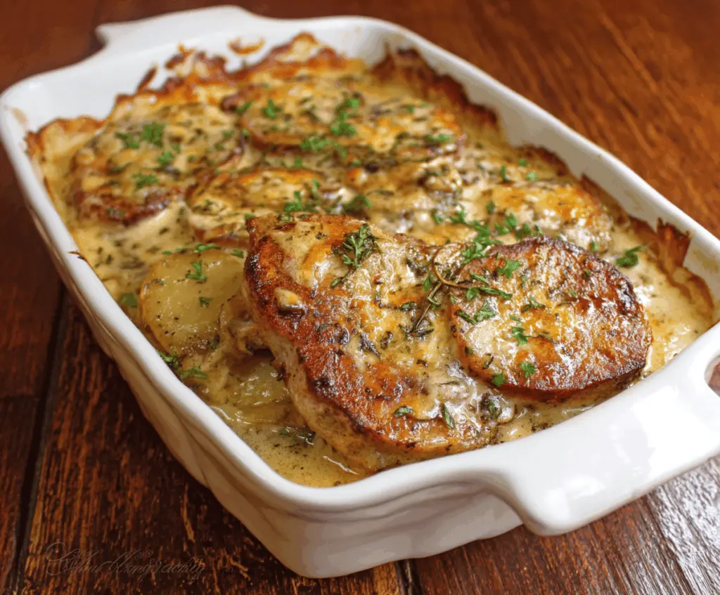 Delicious pork chops paired with creamy scalloped potatoes in a casserole dish.
