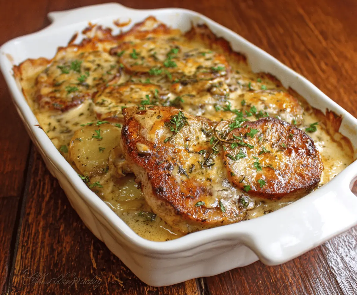 Delicious pork chops paired with creamy scalloped potatoes in a casserole dish.