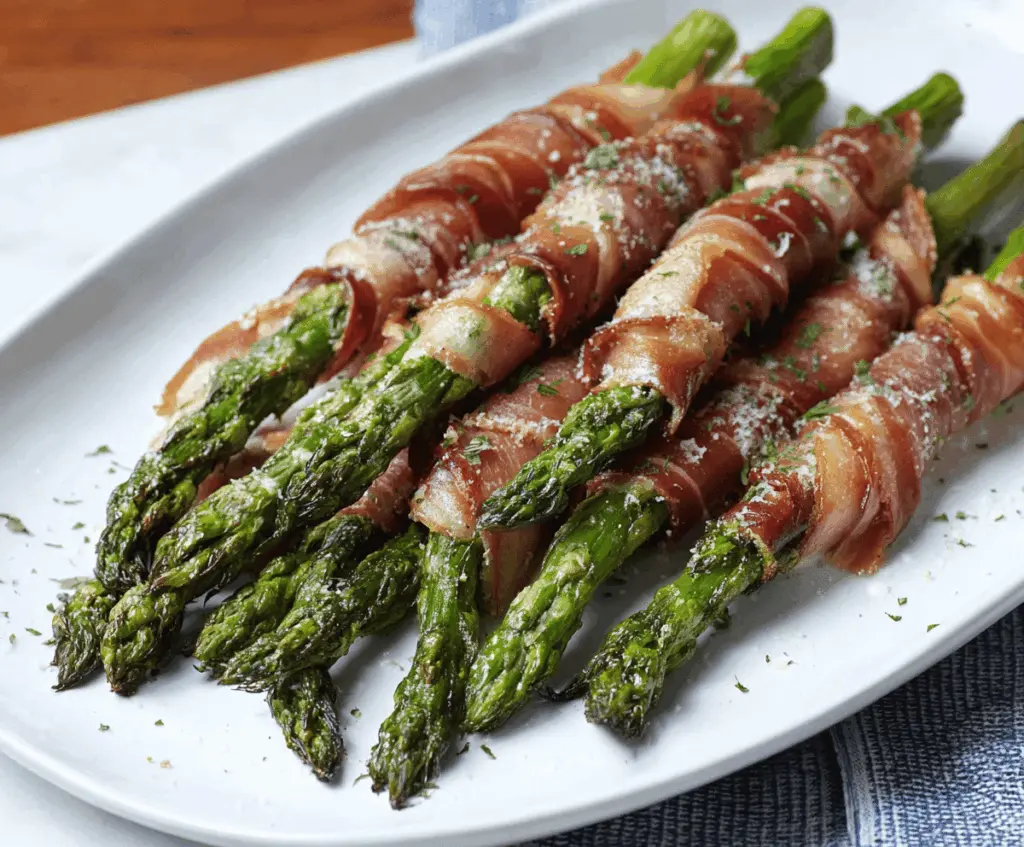 Delicious prosciutto-wrapped asparagus spear, perfect appetizer for parties
