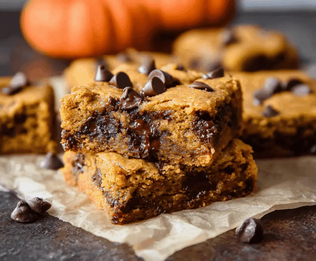 Delicious homemade pumpkin chocolate chip bars on a plate, perfect for fall desserts.