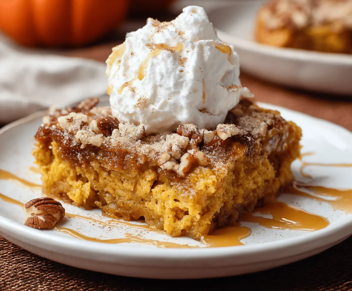 Delicious Pumpkin Dump Cake with a golden crust and creamy pumpkin filling, perfect for fall desserts.