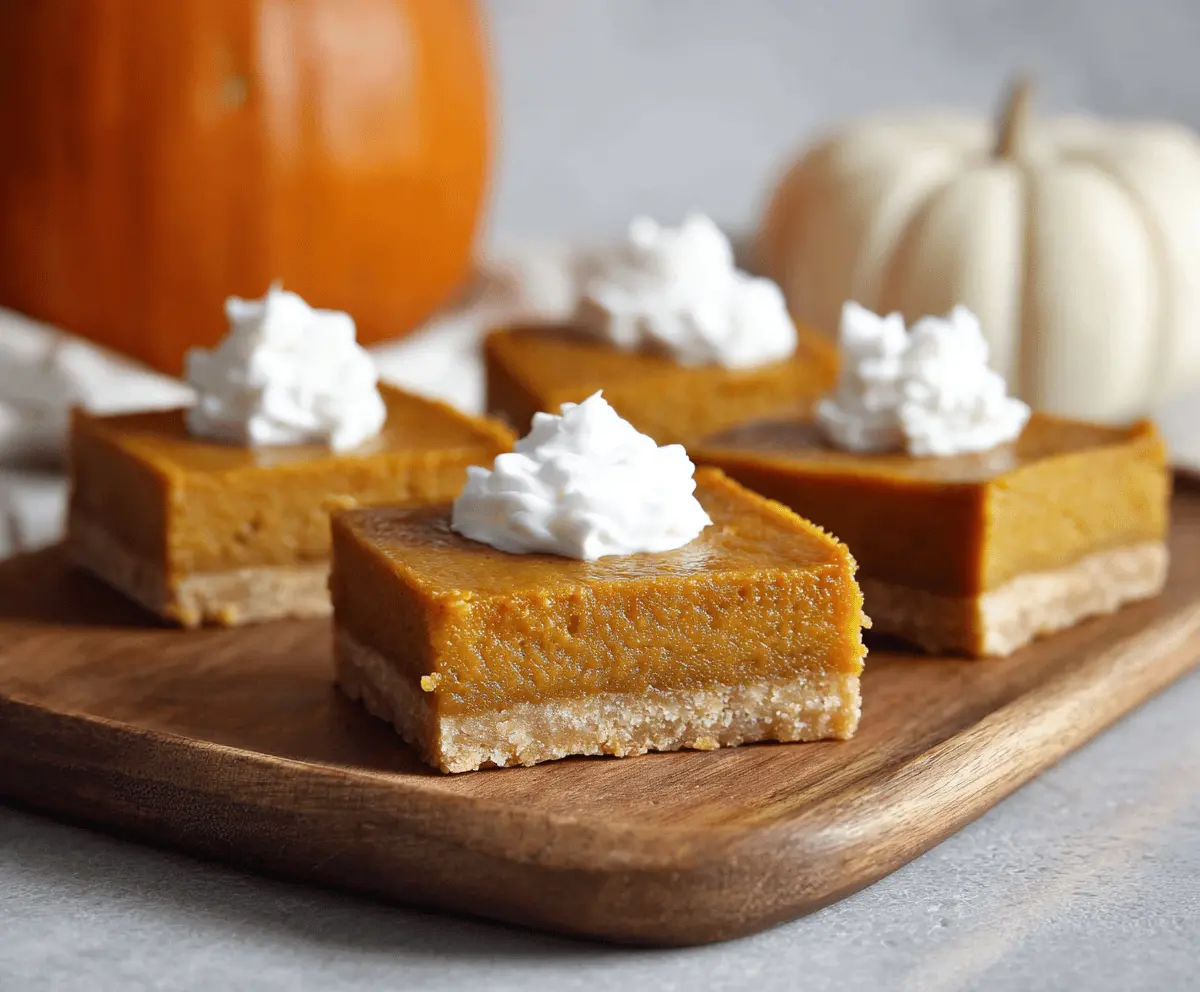 Delicious pumpkin pie bars with a golden crust and creamy pumpkin filling, perfect for dessert.