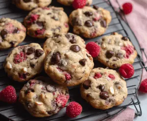 Delicious Raspberry Almond Chocolate Chip Cookies on a white plate with fresh berries and almonds.