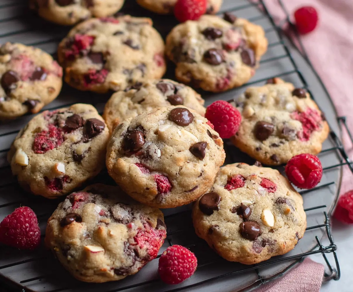 Delicious Raspberry Almond Chocolate Chip Cookies on a white plate with fresh berries and almonds.