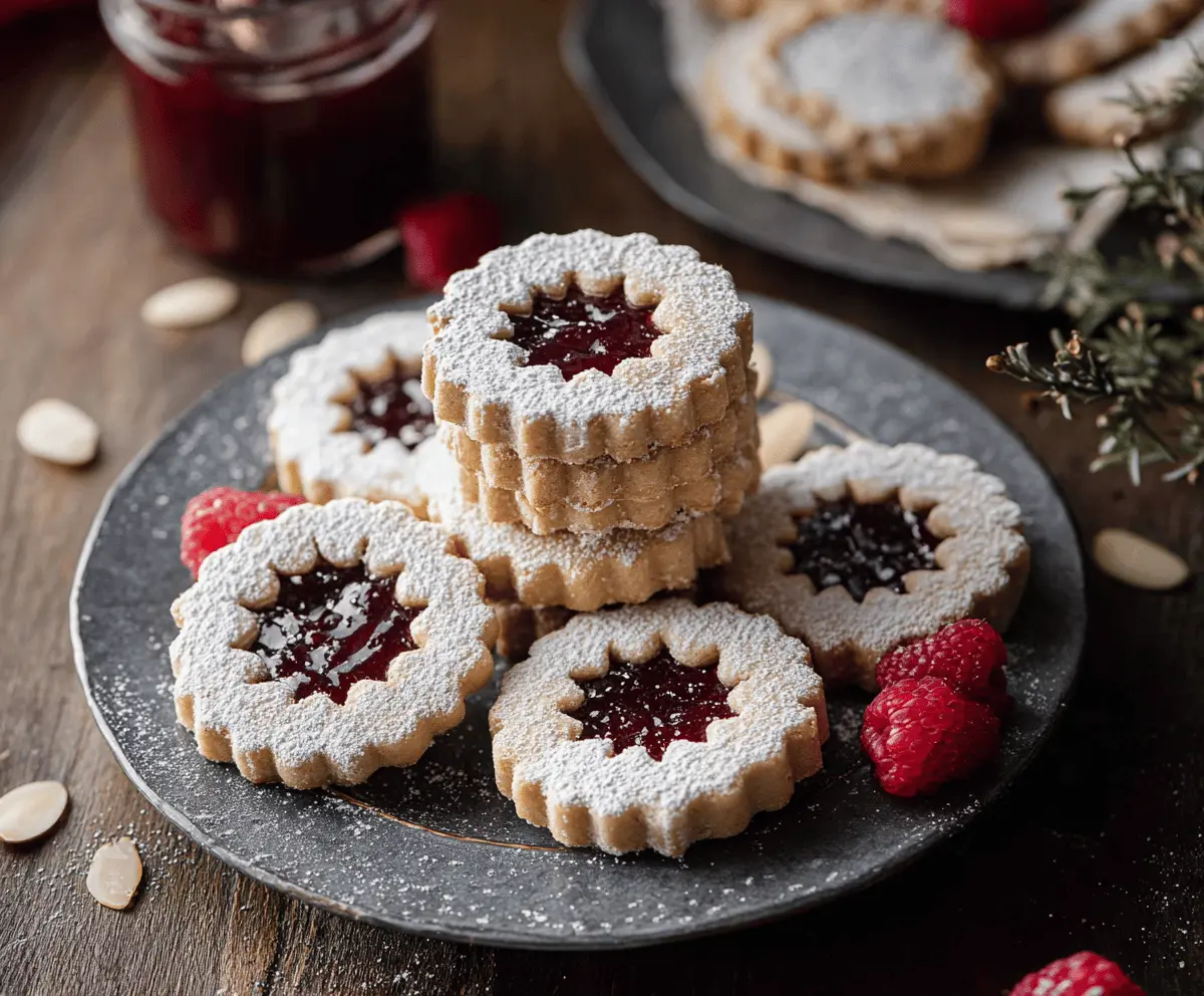 Delicious Raspberry Almond Linzer Cookies with a jam-filled center and powdered sugar coating.