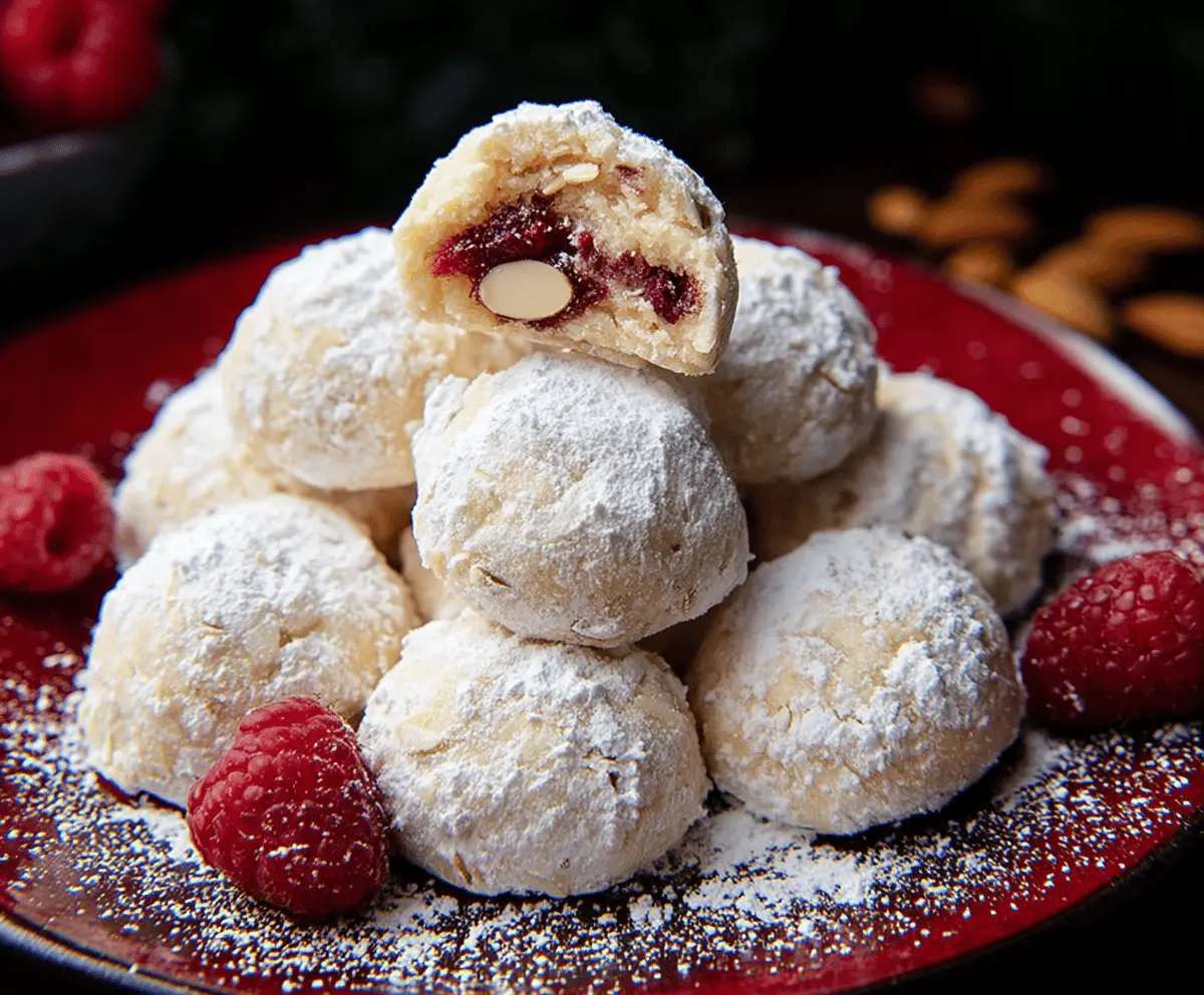 Delicious Raspberry Almond Snowball Cookies on a plate, showcasing their powdered sugar coating and colorful raspberry filling.
