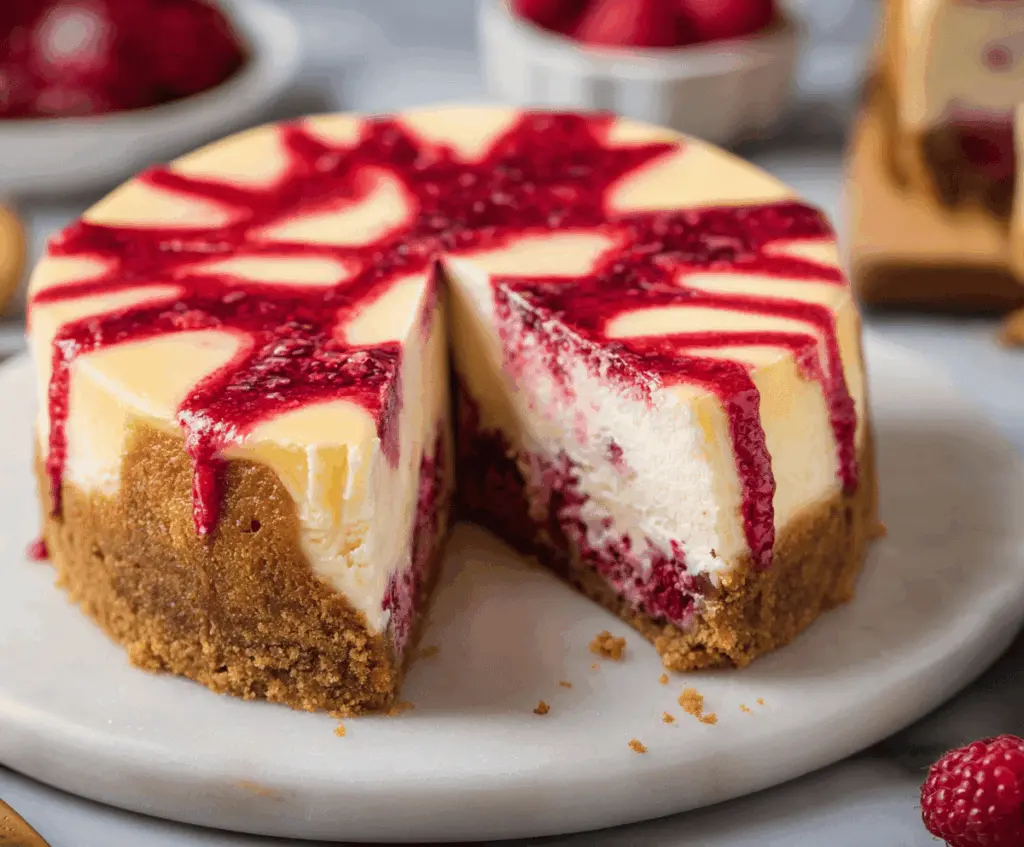 Delicious raspberry cheesecake with a creamy texture and fresh raspberry topping