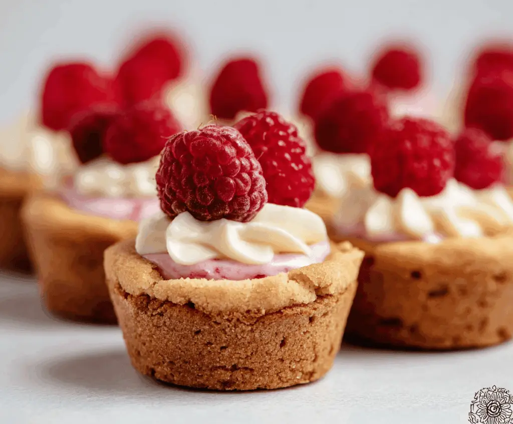 Delicious Raspberry Cheesecake Cookie Cups with fresh raspberries on top