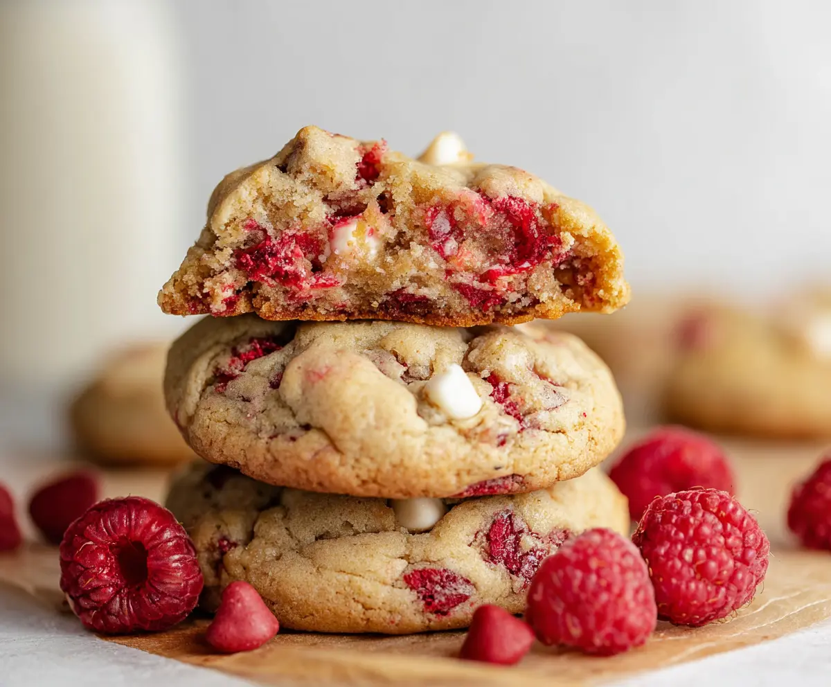 Delicious Raspberry Cheesecake Stuffed Cookies with fresh raspberries and creamy cheesecake filling.