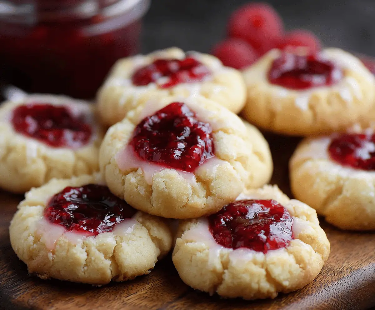 Delicious raspberry cheesecake thumbprint cookies with vibrant raspberry filling and creamy cheesecake center.