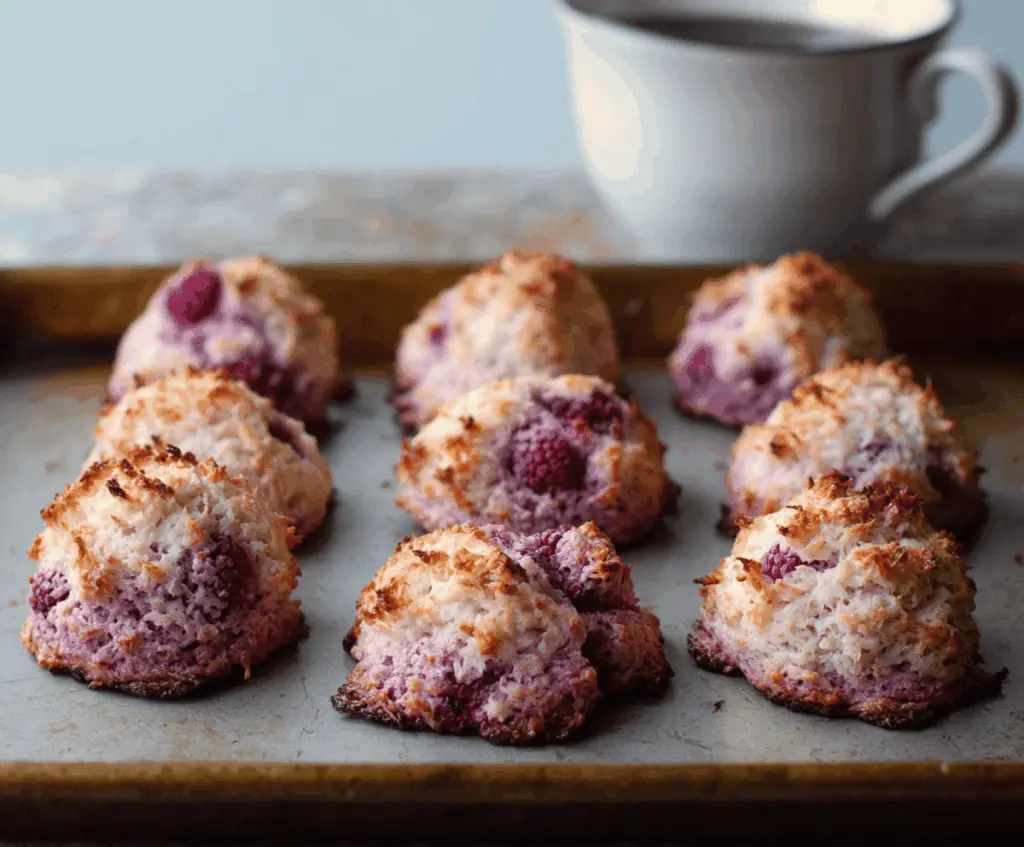 Delicious Raspberry Coconut Macaroons Cookies on a plate, showing golden-brown, chewy texture with fresh raspberry garnishes.