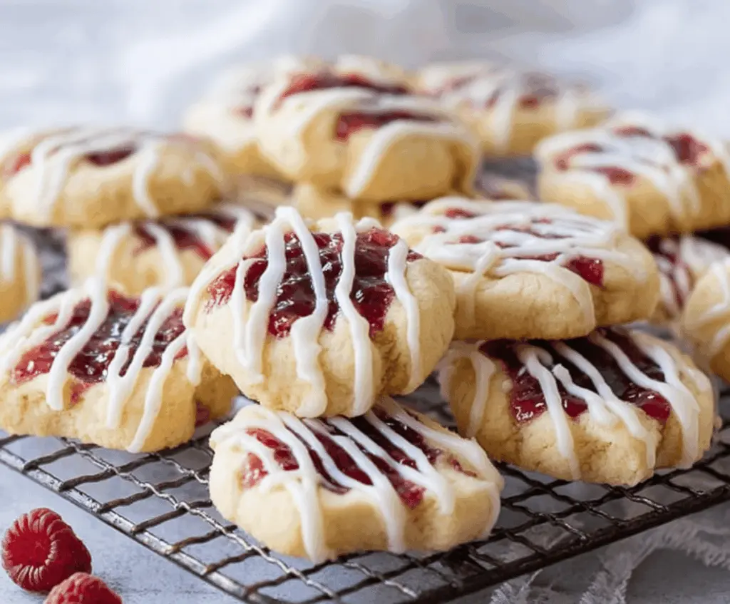 Delicious raspberry drizzle shortbread cookies on a white plate, garnished with fresh raspberries and mint leaves.