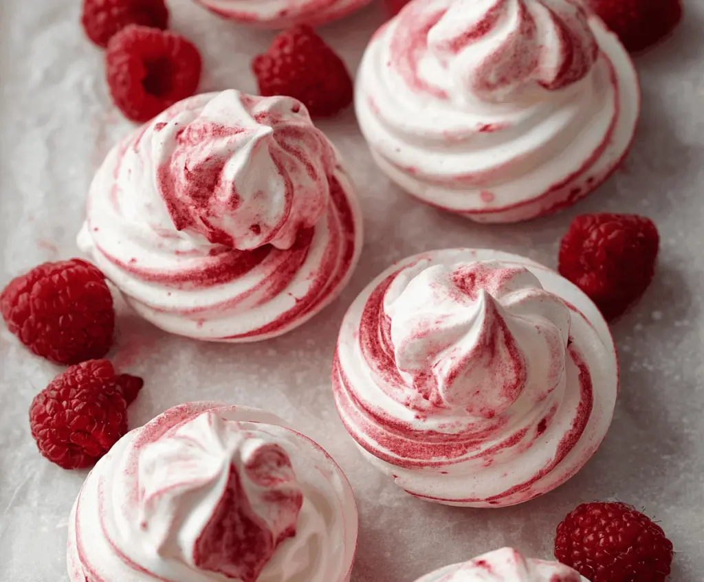 Delicious raspberry meringue cookies with crispy exterior and soft interior, perfect for desserts and snacks