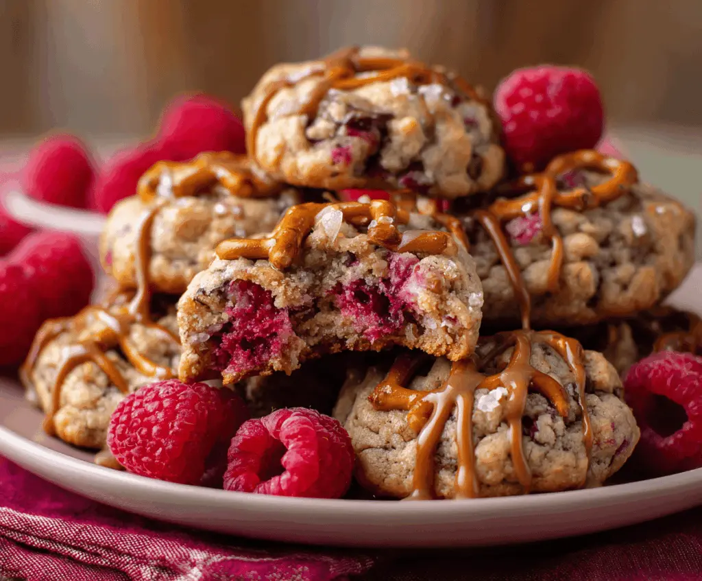 Close-up of Raspberry Pretzel Cookies with a golden-brown crust and vibrant raspberry swirls on top.