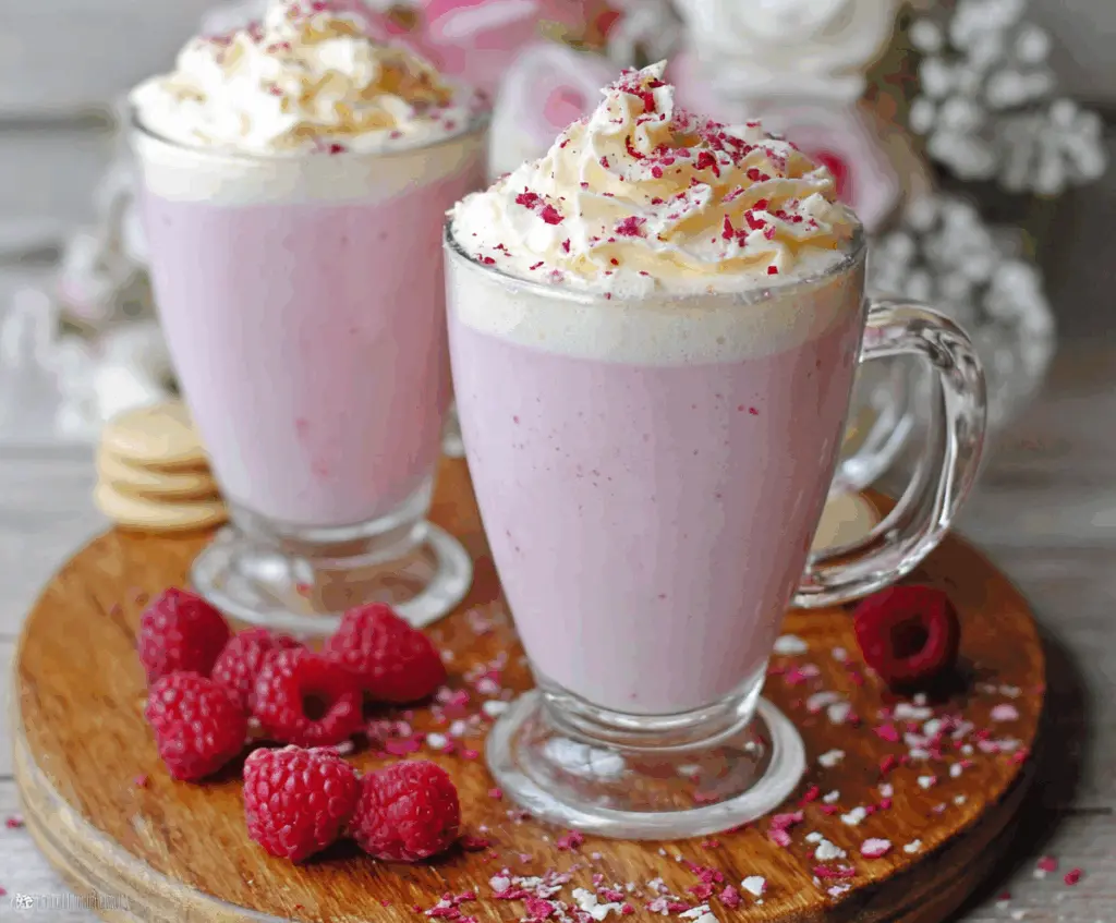 Creamy raspberry white hot chocolate in a mug topped with whipped cream and fresh raspberries.