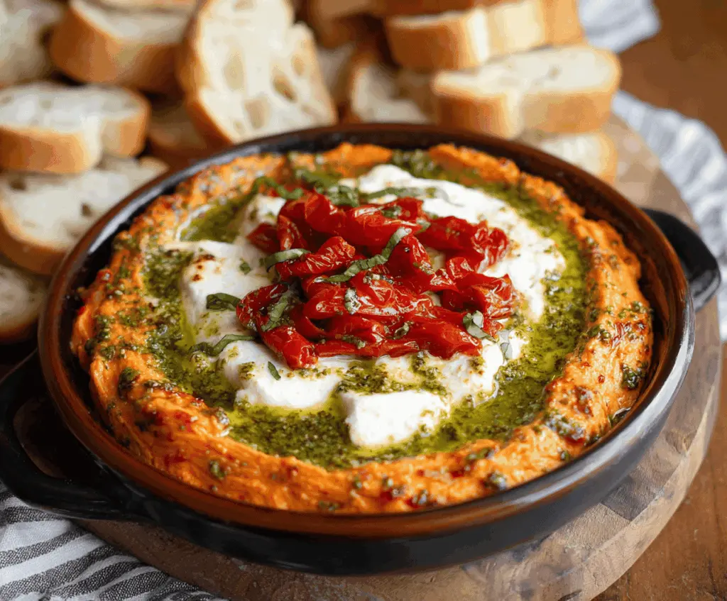 Creamy roasted red pepper goat cheese pesto dip served in a bowl, garnished with fresh herbs.
