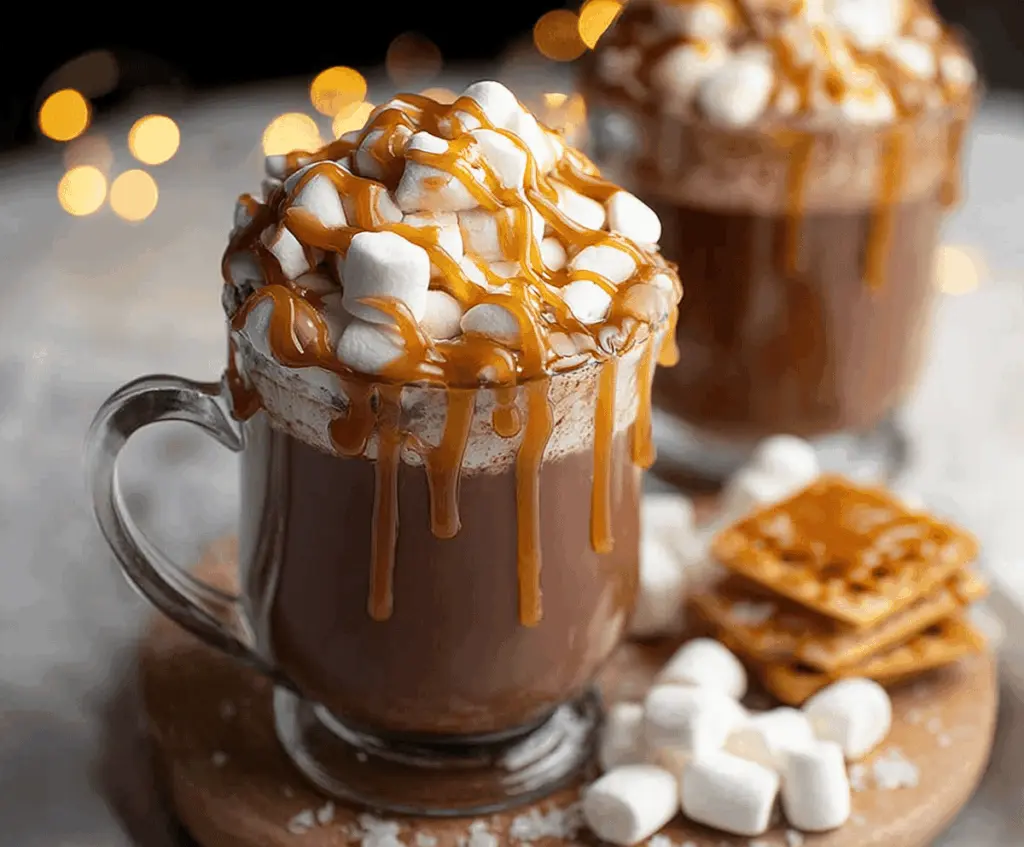Delicious salted caramel hot chocolate in a cozy mug, topped with whipped cream and caramel drizzle.