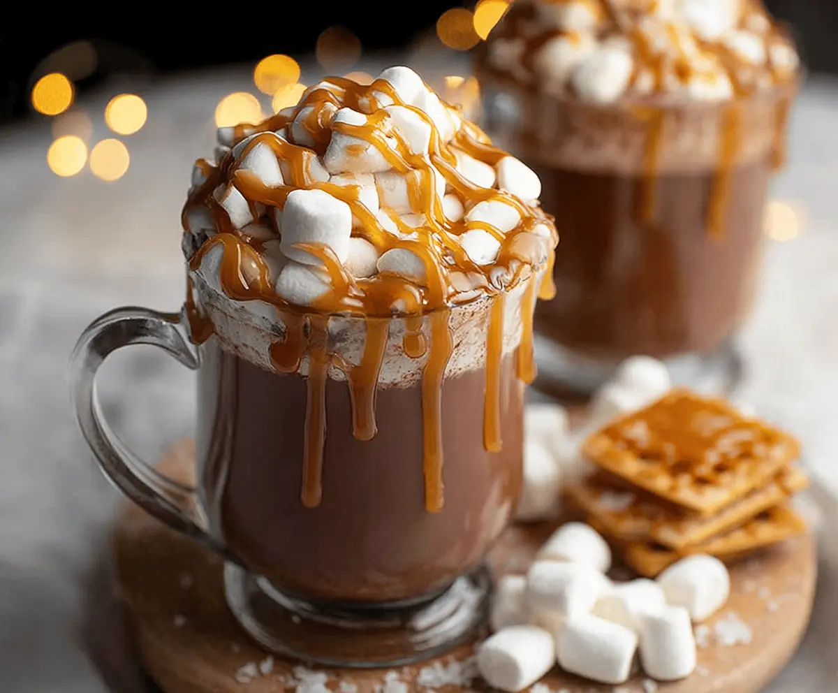 Delicious salted caramel hot chocolate in a cozy mug, topped with whipped cream and caramel drizzle.