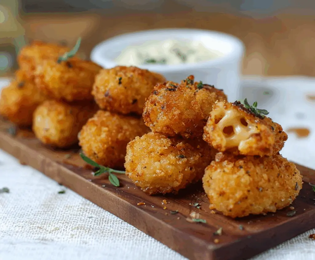Delicious smoked Gouda mac and cheese bites served on a plate, perfect for appetizers.