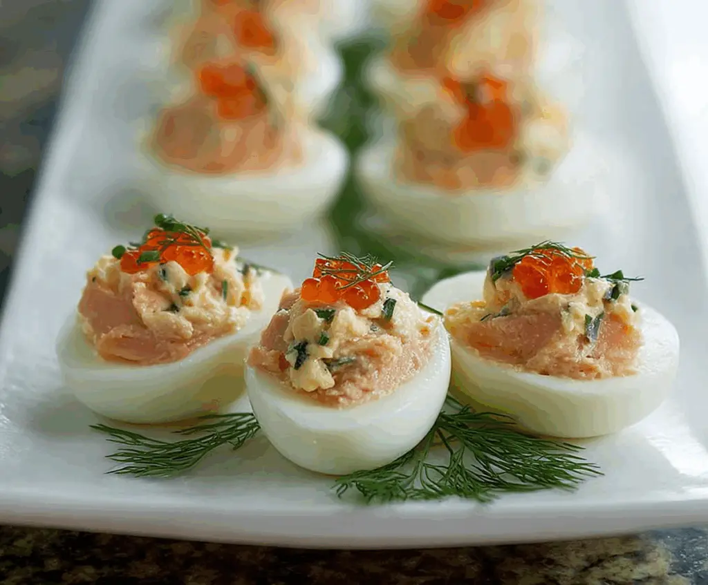 Delicious smoked salmon stuffed eggs garnished with herbs on a white plate.