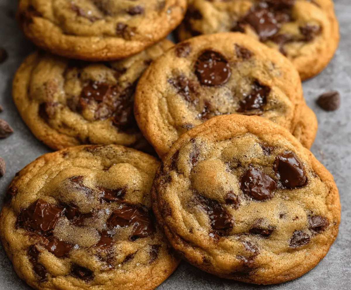 Delicious soft-batch chocolate chip cookies fresh out of the oven with gooey chocolate chips.
