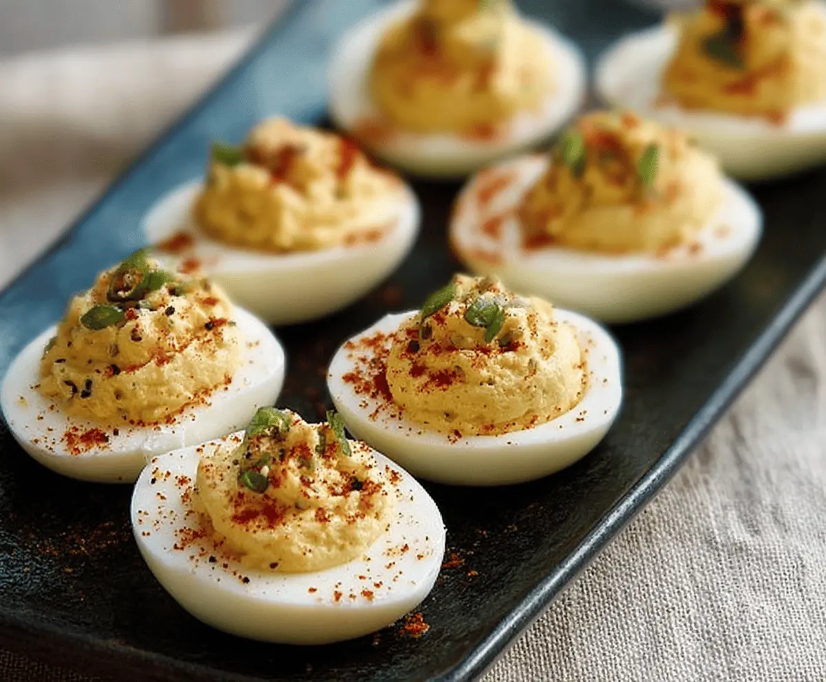 Creamy Southern Deviled Eggs garnished with paprika and fresh herbs