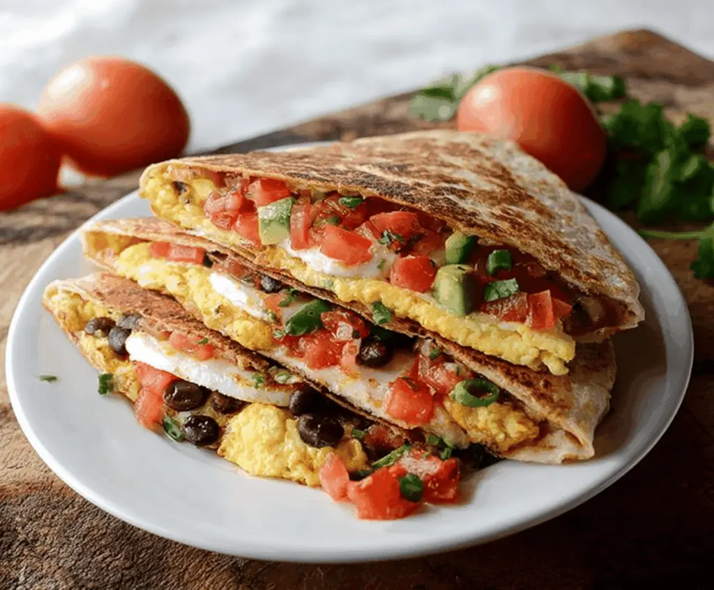 Southwest Breakfast Quesadilla filled with eggs, cheese, and spicy peppers on a plate.